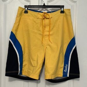 Nautica Men's Yellow Swim Shorts with Blue and Black Accents